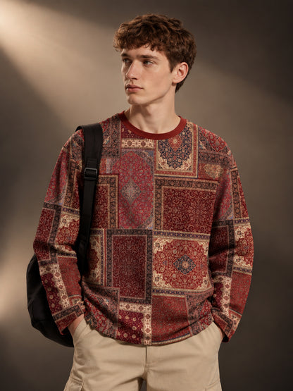 Leotude Men's Maroon Persian Patchwork Print Oversized Full Sleeve T-Shirt