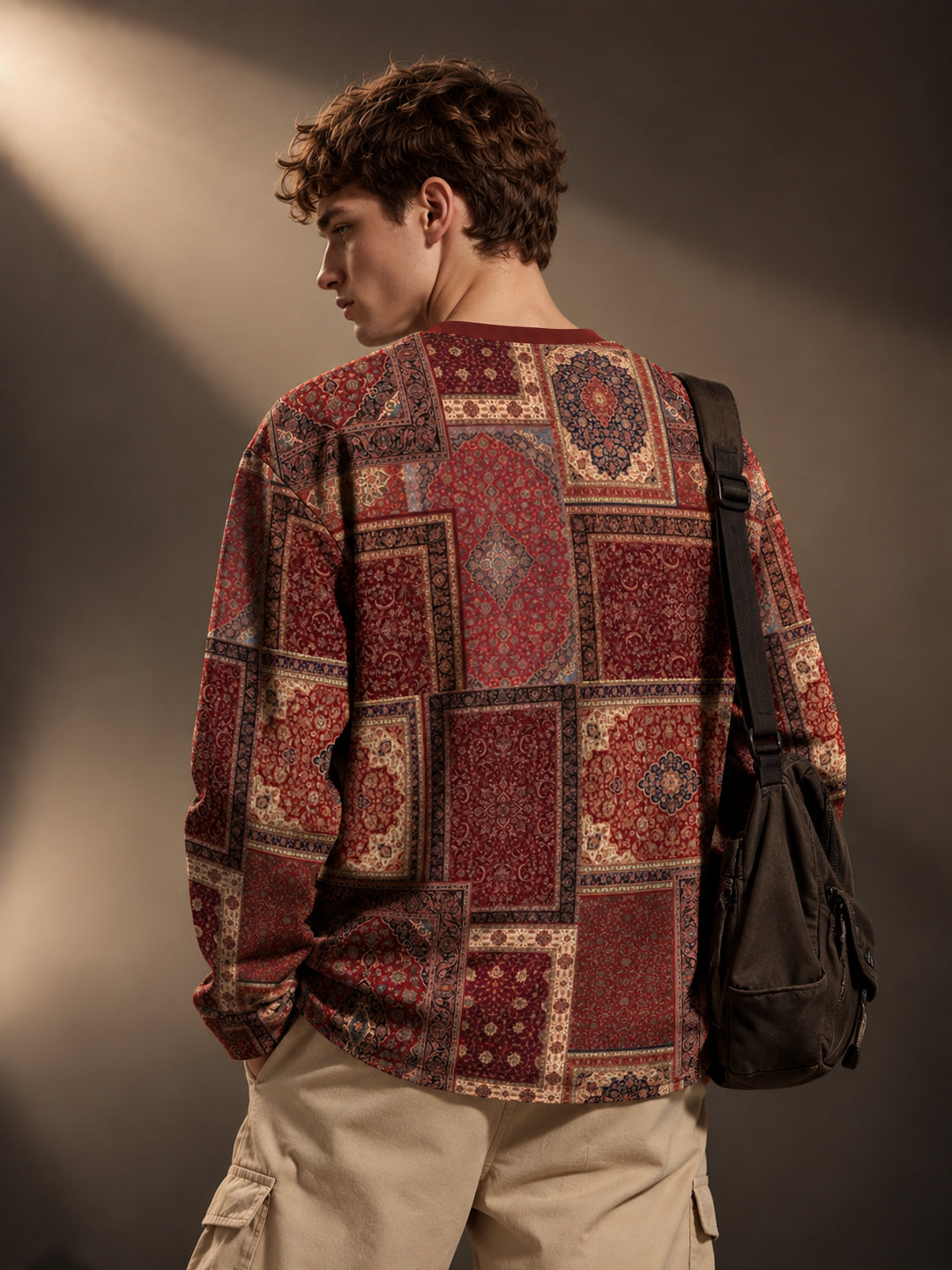 Leotude Men's Maroon Persian Patchwork Print Oversized Full Sleeve T-Shirt