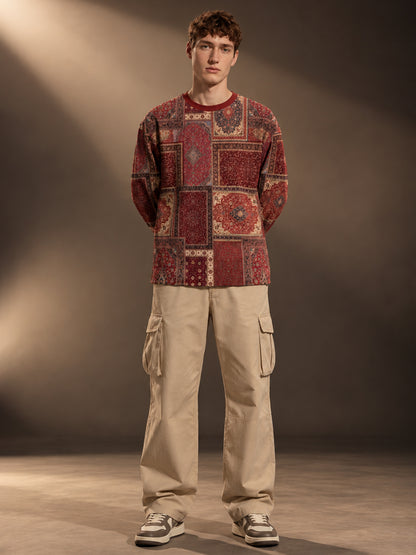 Leotude Men's Maroon Persian Patchwork Print Oversized Full Sleeve T-Shirt