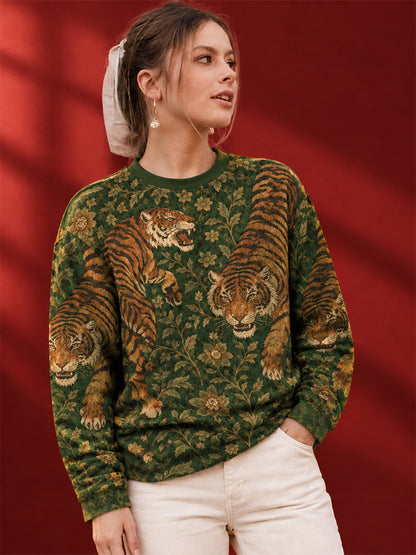 Leotude Women's Green Royal Tiger Print Oversized Full Sleeve T-Shirt