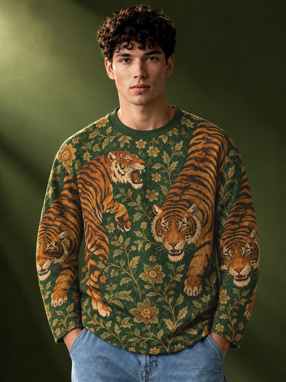 Leotude Men's Green Royal Tiger Print Oversized Full Sleeve T-Shirt