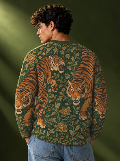 Leotude Men's Green Royal Tiger Print Oversized Full Sleeve T-Shirt