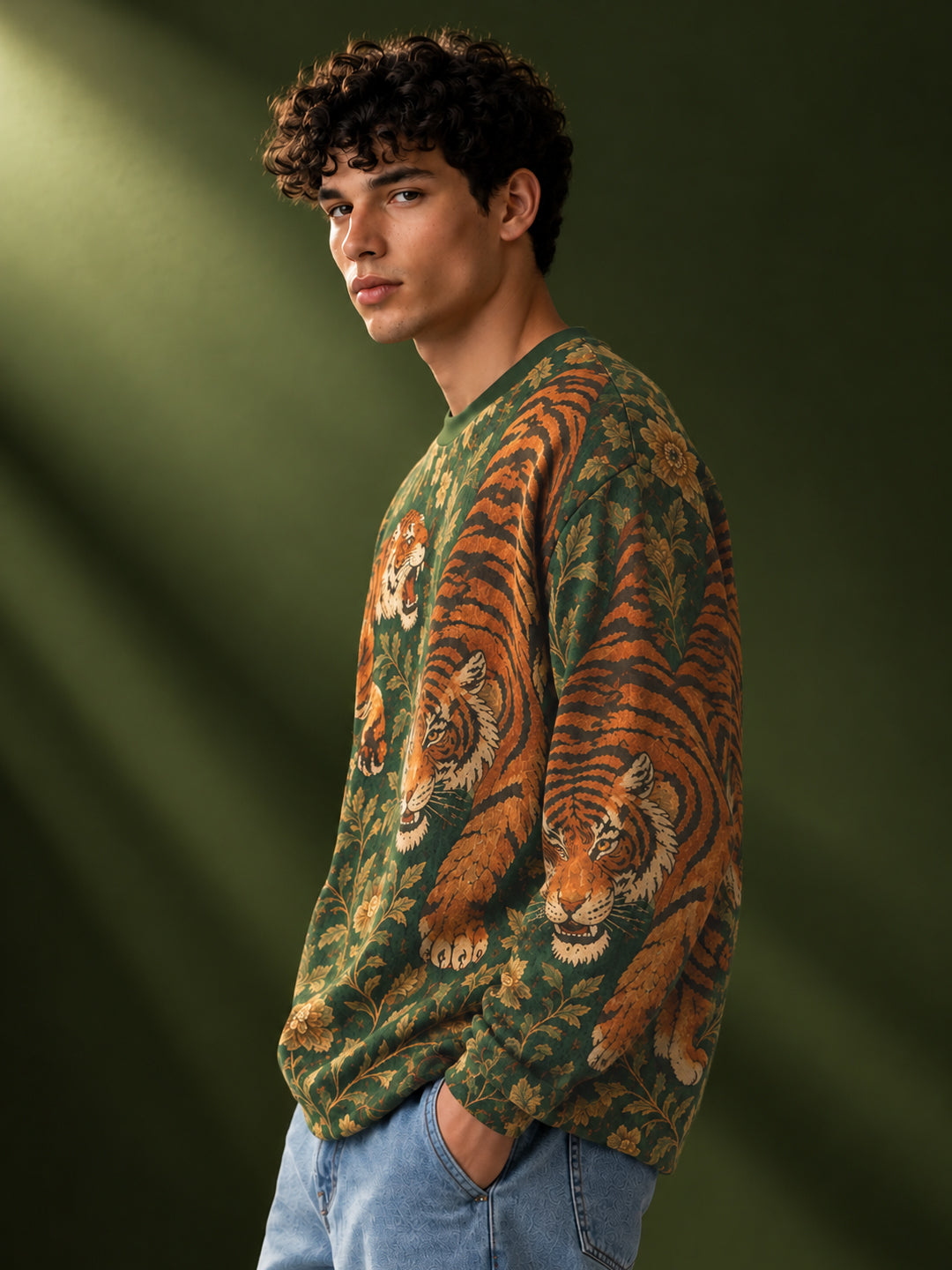 Leotude Men's Green Royal Tiger Print Oversized Full Sleeve T-Shirt