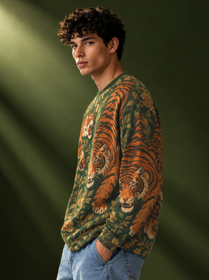 Leotude Men's Green Royal Tiger Print Oversized Full Sleeve T-Shirt
