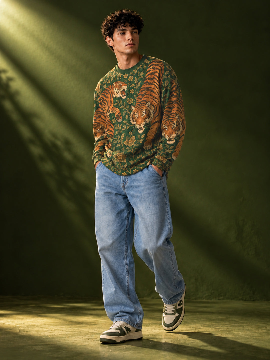 Leotude Men's Green Royal Tiger Print Oversized Full Sleeve T-Shirt