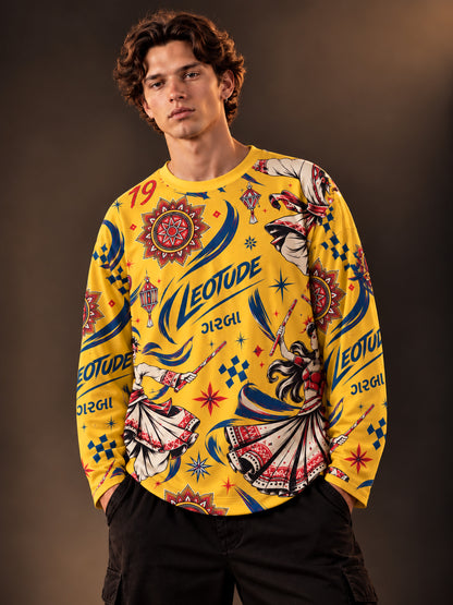 Leotude Men's Yellow Garba Print Oversized Full Sleeve T-Shirt