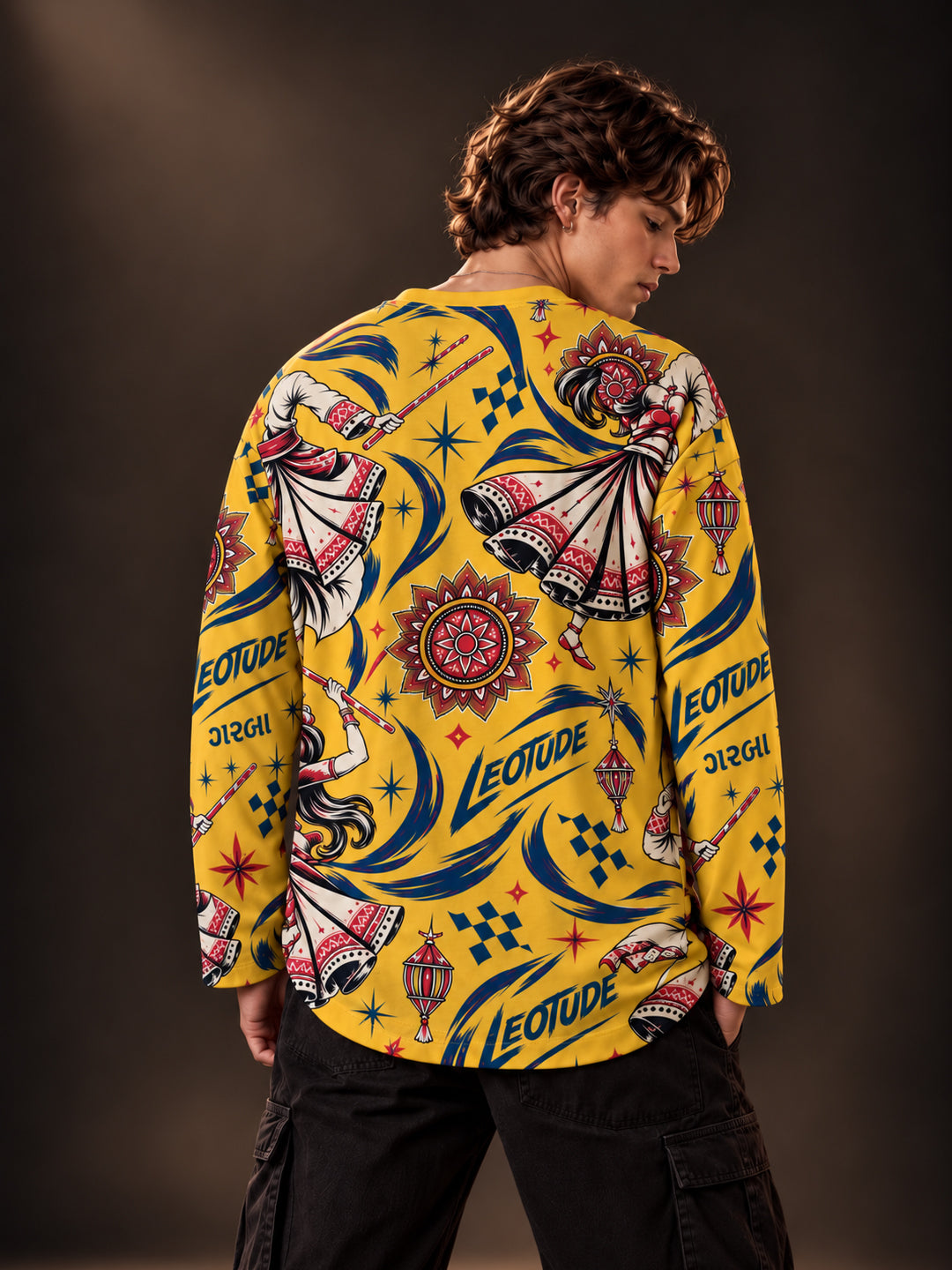Leotude Men's Yellow Garba Print Oversized Full Sleeve T-Shirt