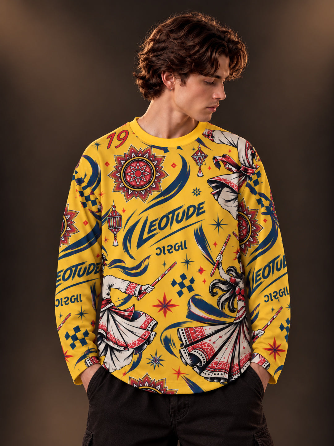 Leotude Men's Yellow Garba Print Oversized Full Sleeve T-Shirt