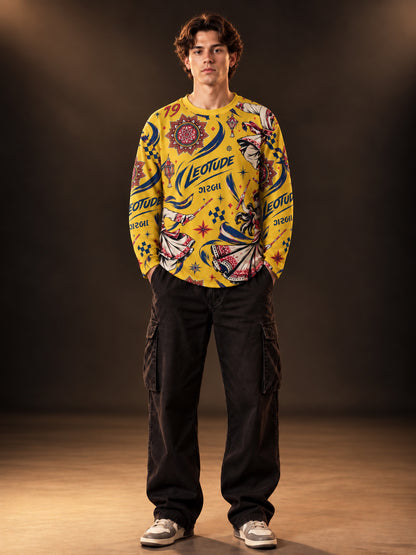 Leotude Men's Yellow Garba Print Oversized Full Sleeve T-Shirt