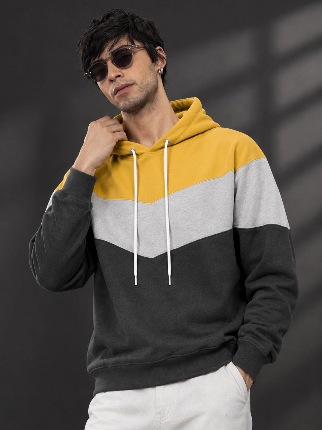 Leotude Yellow Grey and Anthracite Colorblock Hooded Sweatshirt for Men