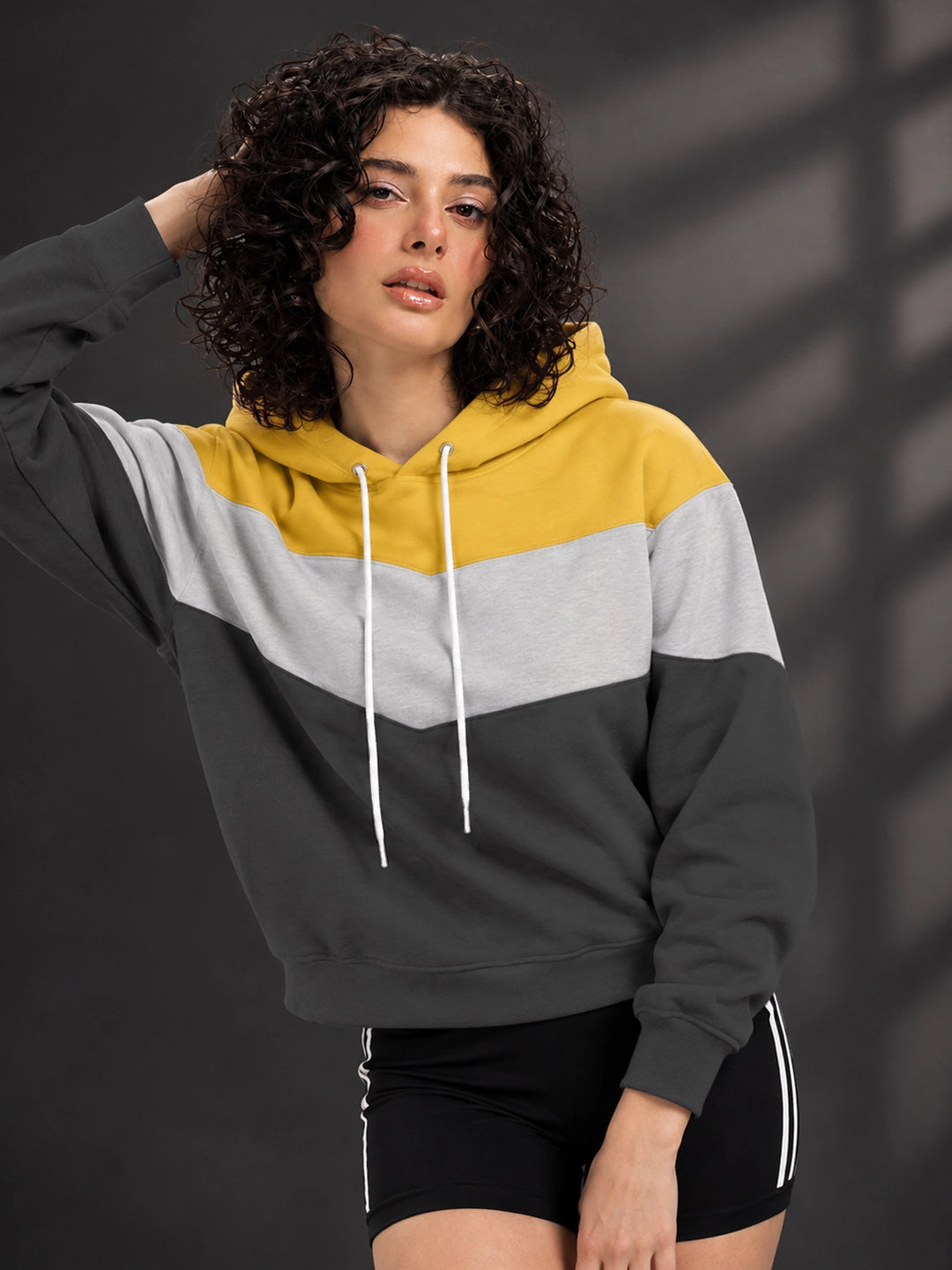 Leotude Women's Yellow, Grey & Anthracite Colourblocked Hooded Sweatshirt