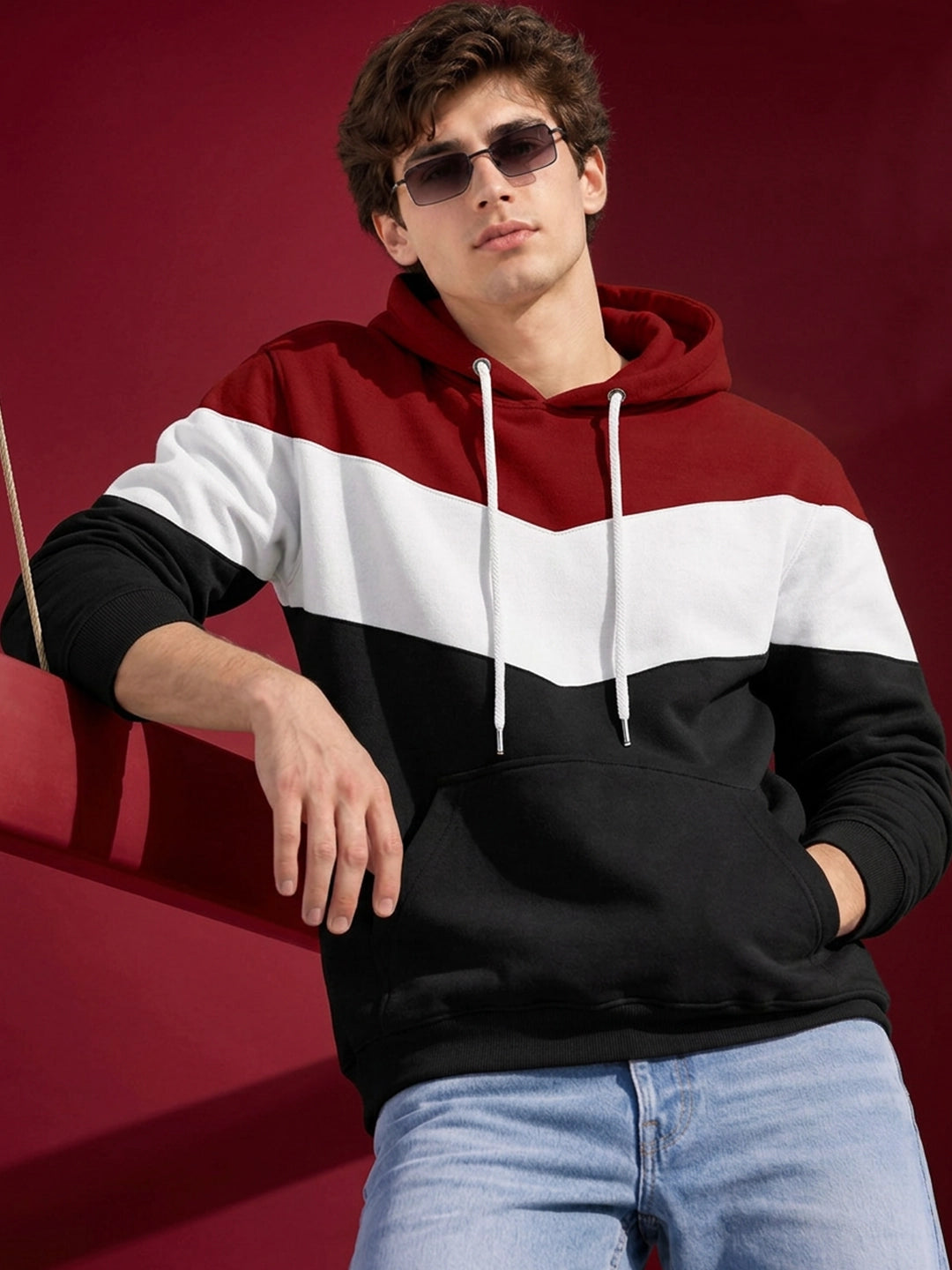 Leotude Maroon White and Black Colorblock Hooded Sweatshirt for Men