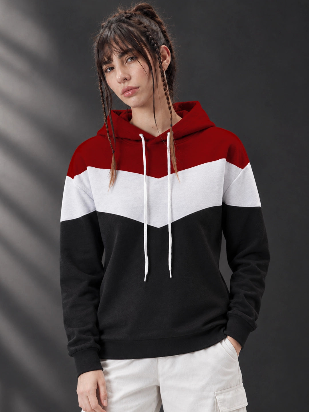 Leotude Women's Maroon, White & Black Colourblocked Hooded Sweatshirt