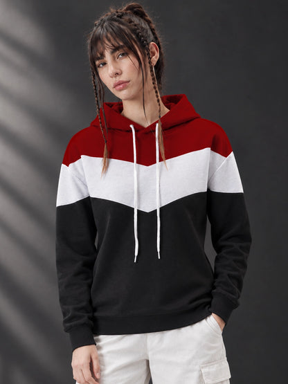 Leotude Women's Maroon, White & Black Colourblocked Hooded Sweatshirt