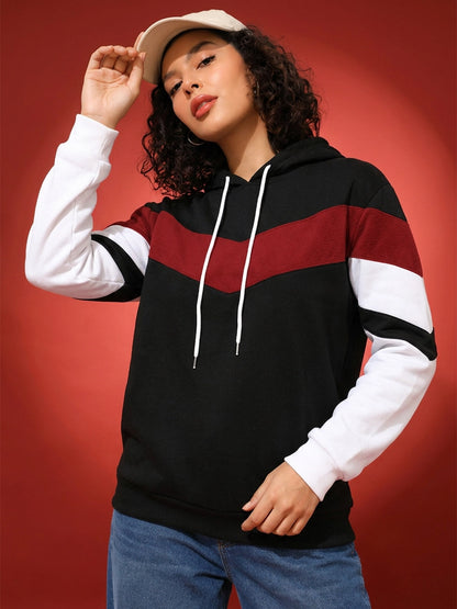 Leotude Women's Black, Maroon & White Colourblocked Hooded Sweatshirt