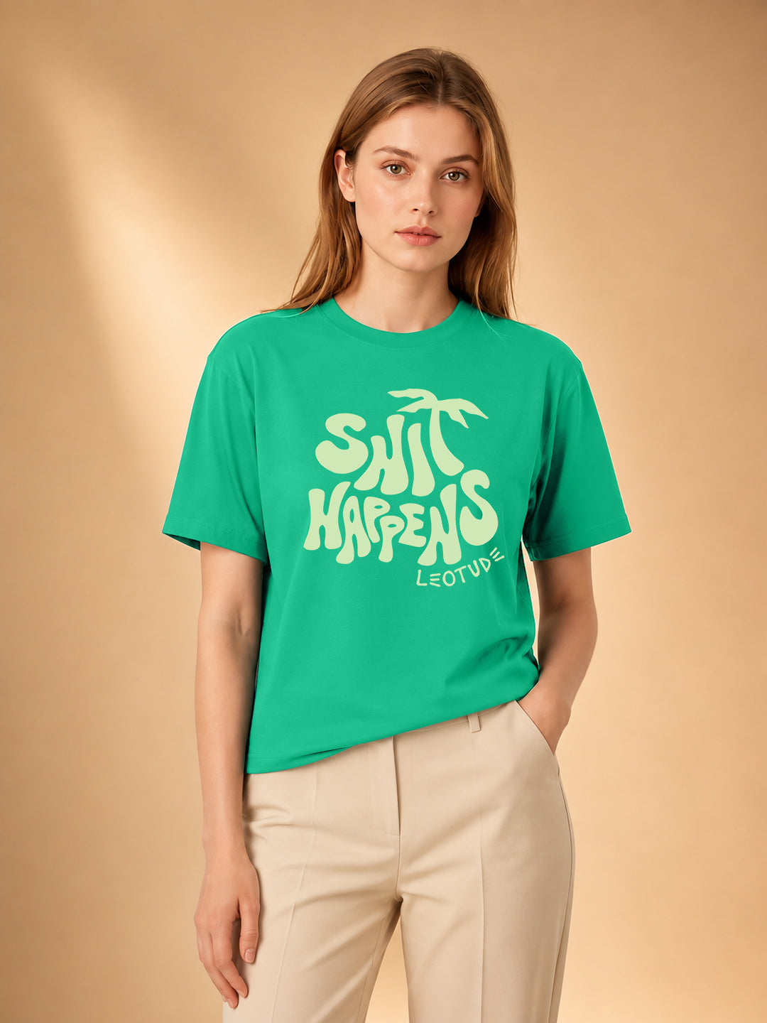 Leotude Women's Rama Green Shit Happens Printed T-Shirt