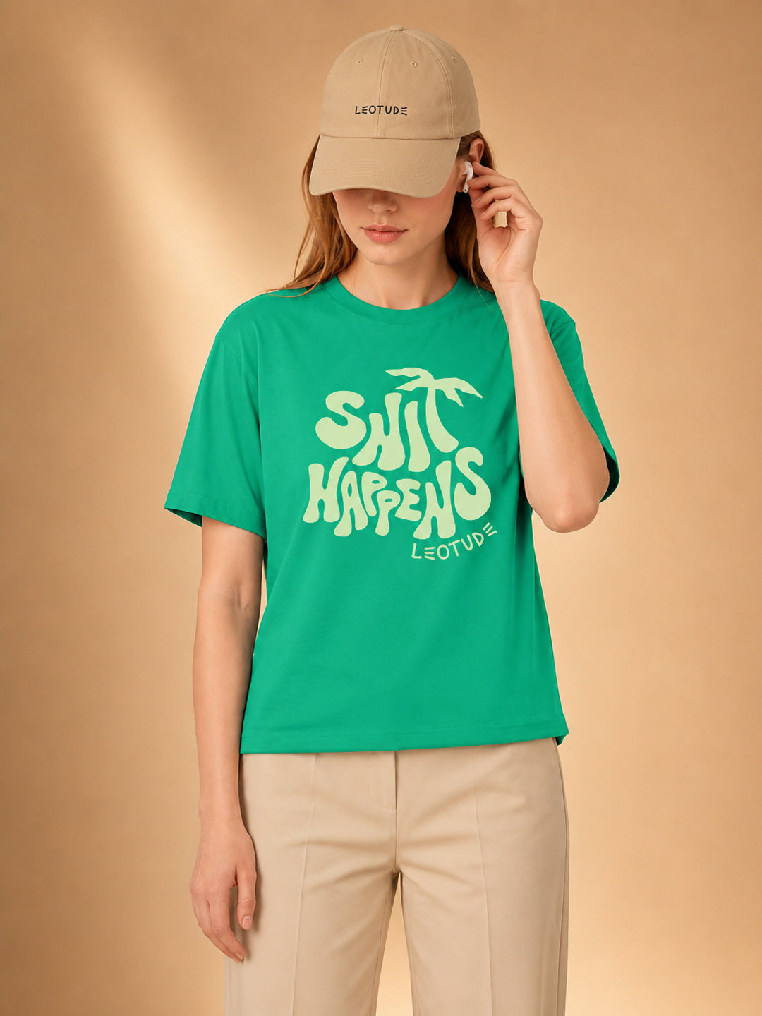 Leotude Women's Rama Green Shit Happens Printed T-Shirt