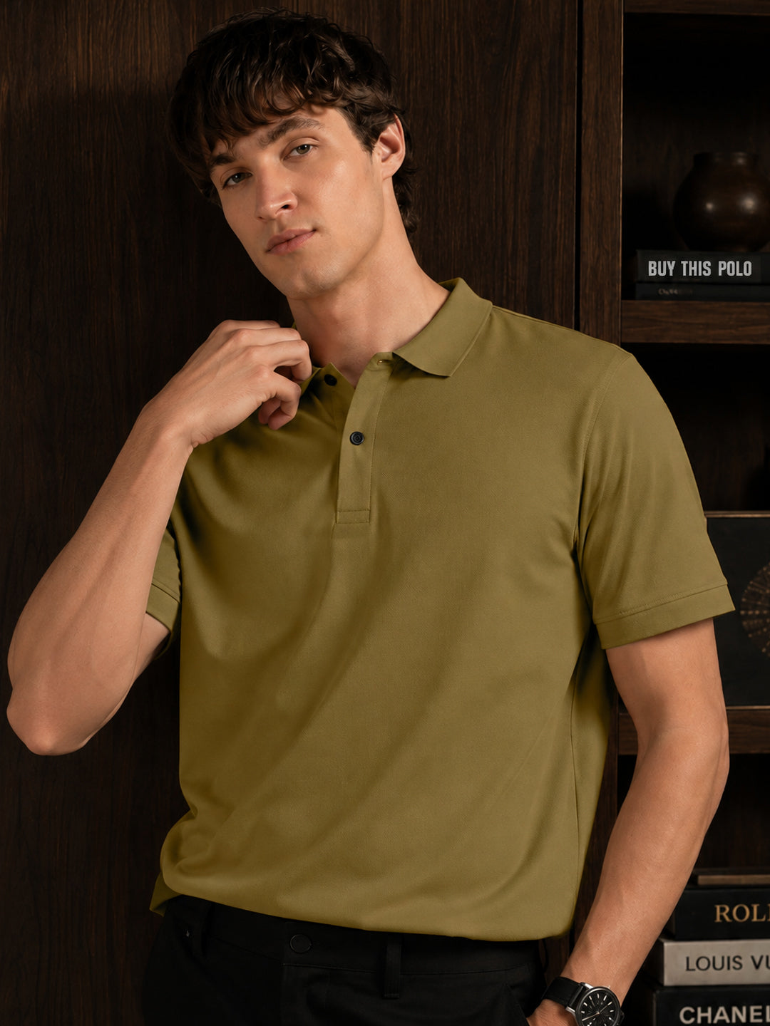 Leotude Men's Olive Green Solid Polo T-Shirt