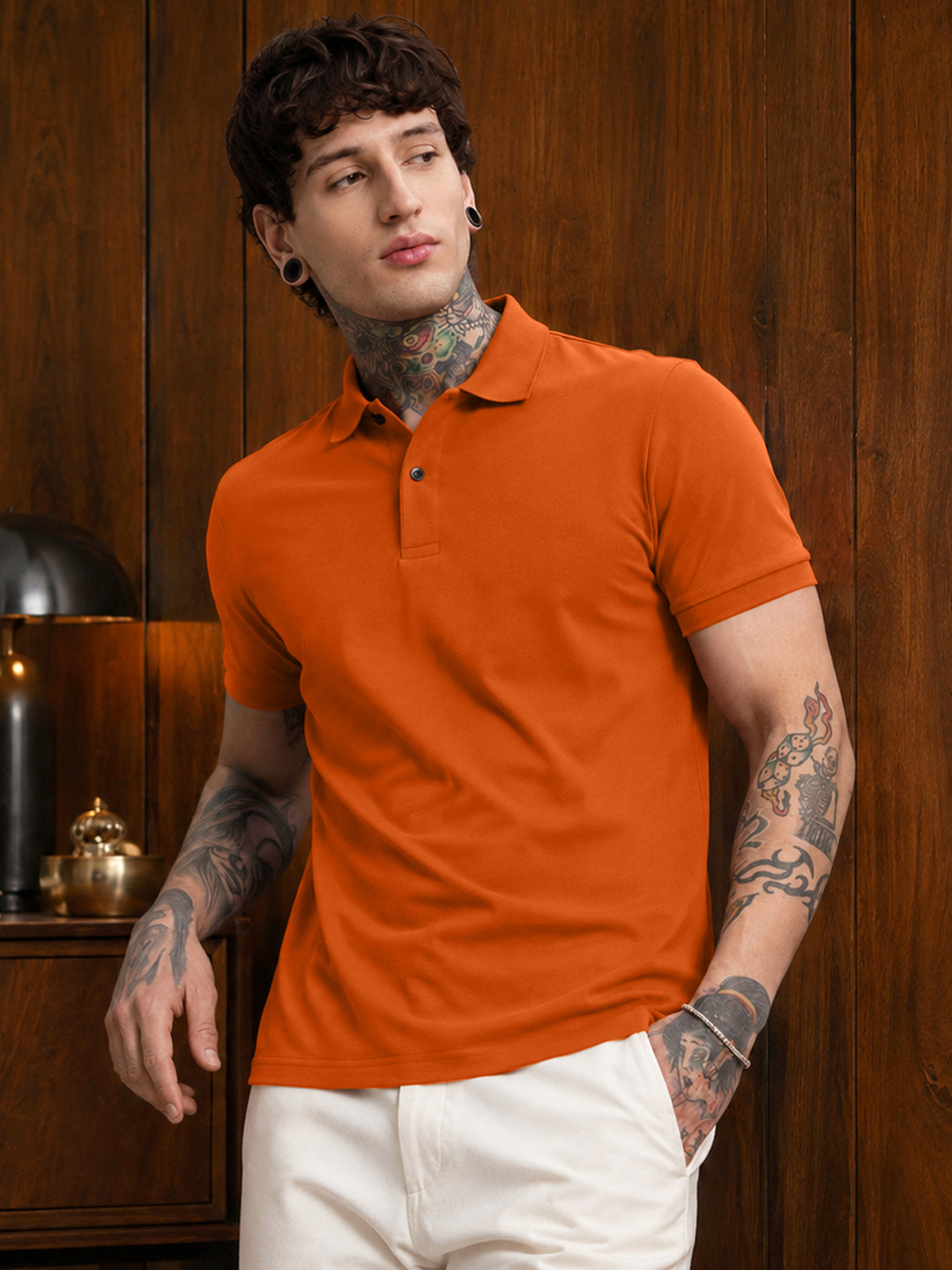Leotude Men's Rust Orange Solid Polo T-Shirt