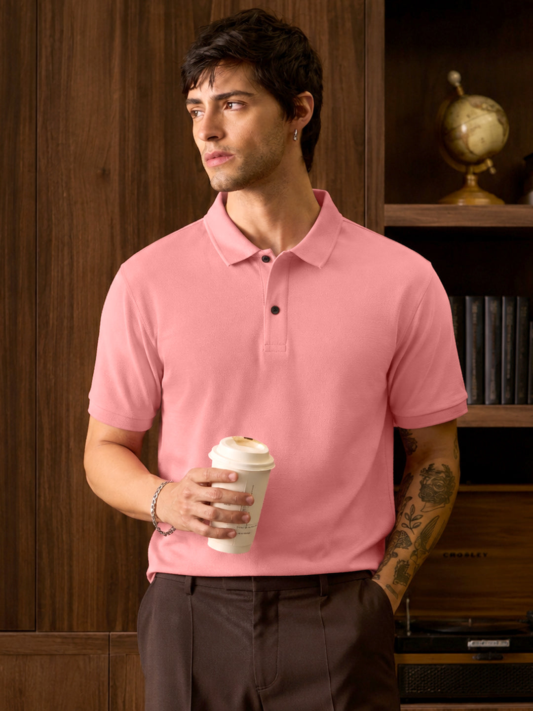 Leotude Men's Rose Pink Solid Polo T-Shirt