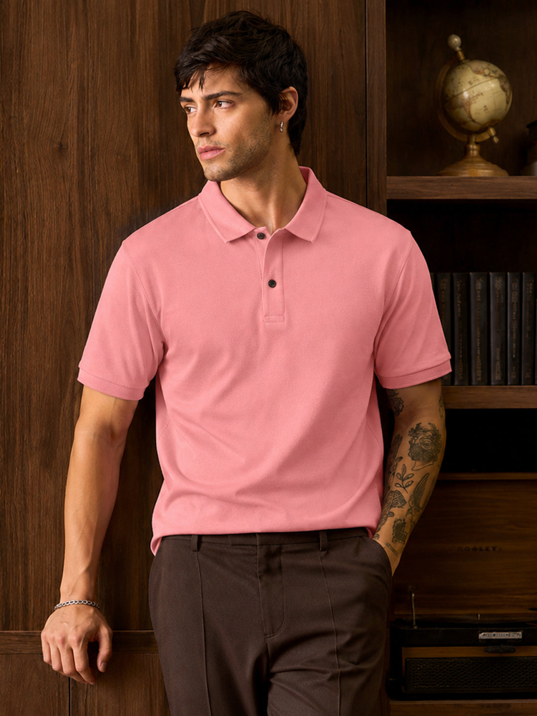 Leotude Men's Rose Pink Solid Polo T-Shirt