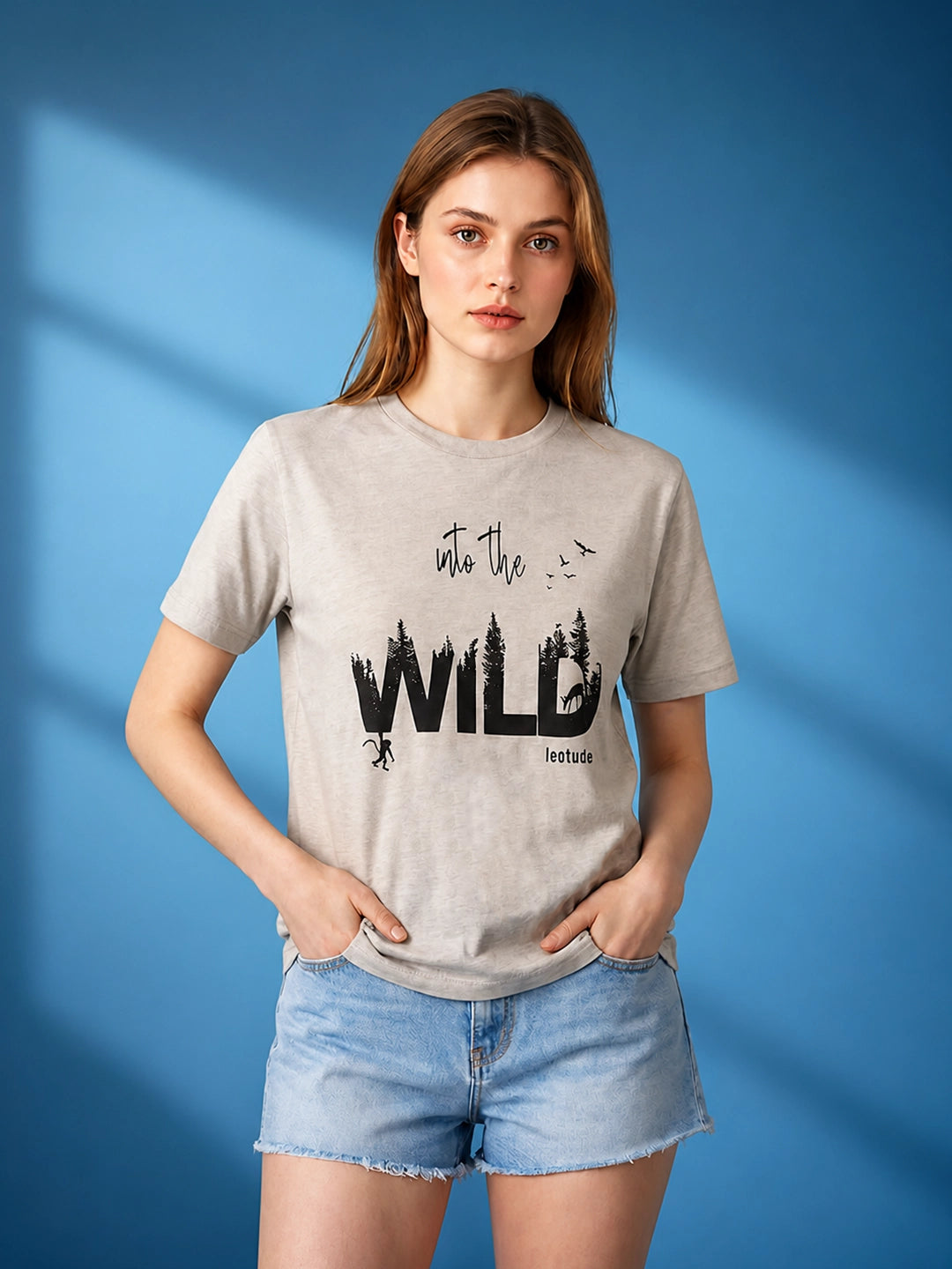 Leotude Women's Aluminium Grey Into The Wild Printed T-Shirt