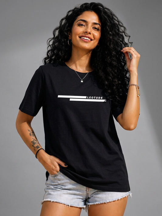 Leotude Women's Black Line Printed T-Shirt