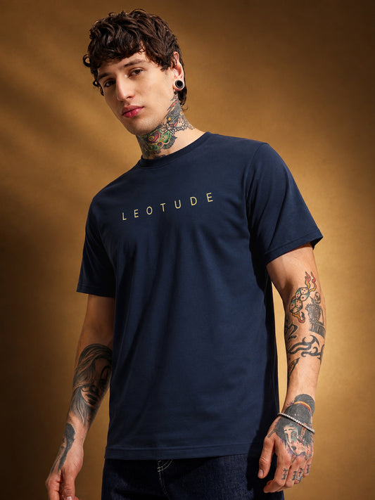 Leotude Men's Navy Blue Gold Printed T-Shirt