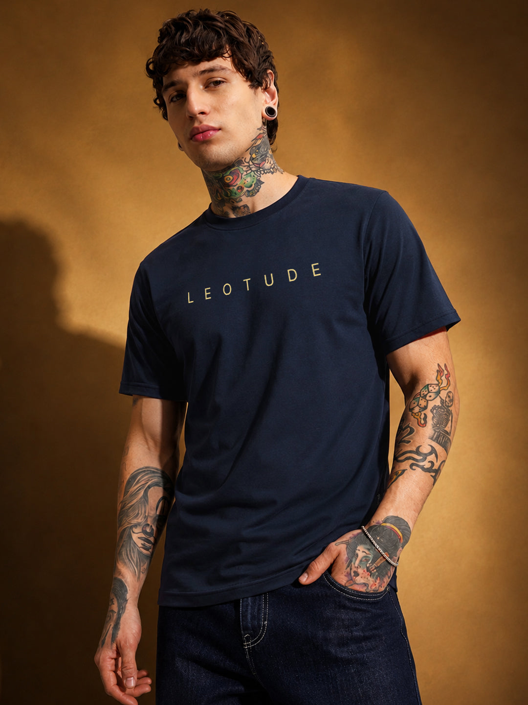 Leotude Men's Navy Blue Gold Printed T-Shirt
