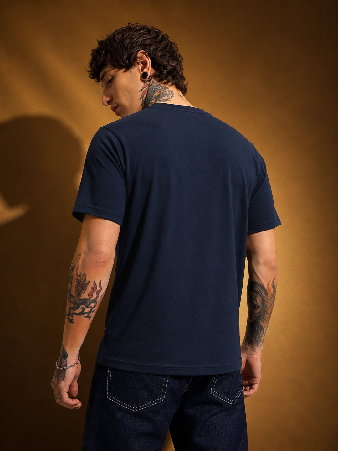 Leotude Men's Navy Blue Gold Printed T-Shirt