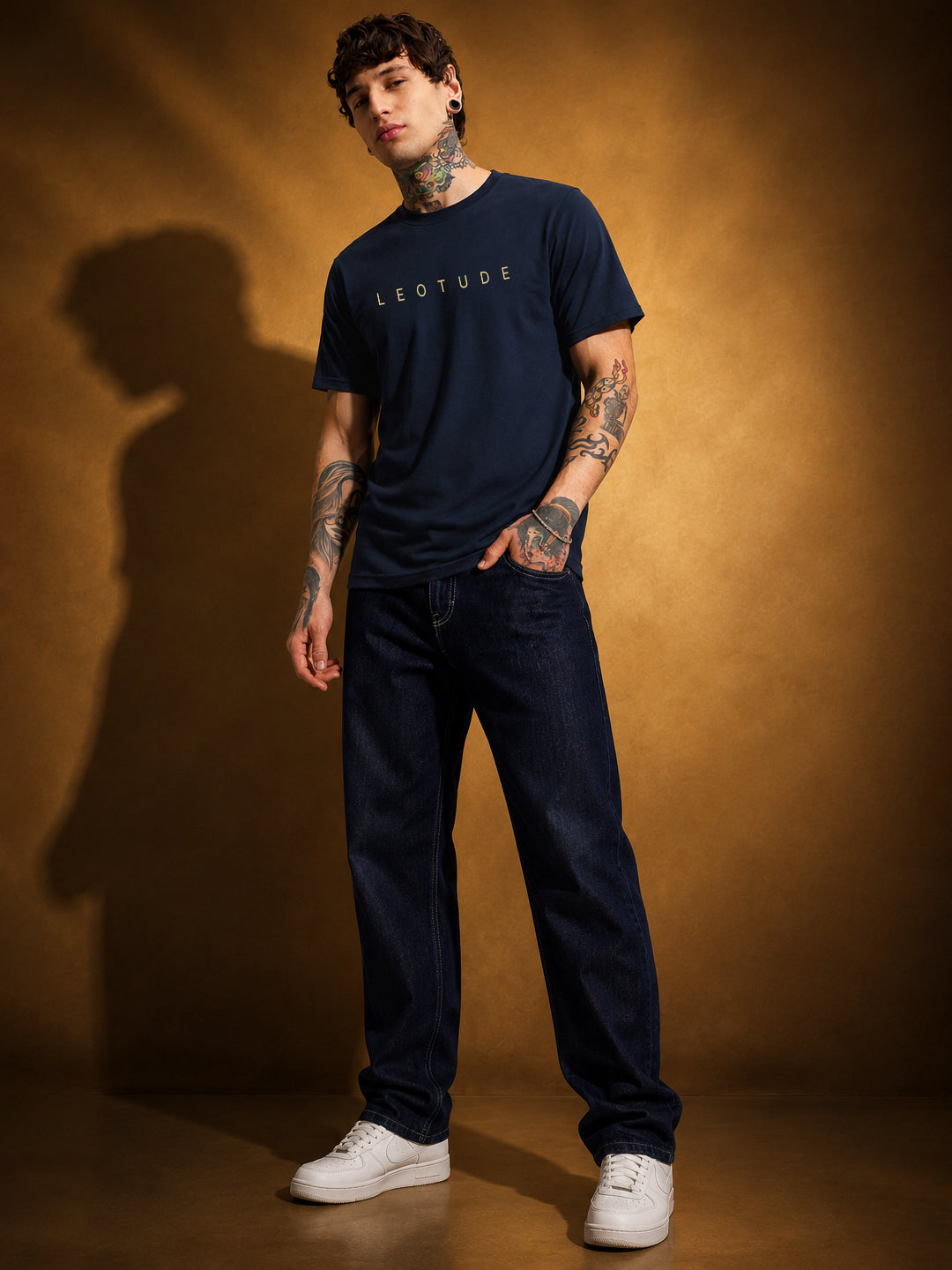 Leotude Men's Navy Blue Gold Printed T-Shirt