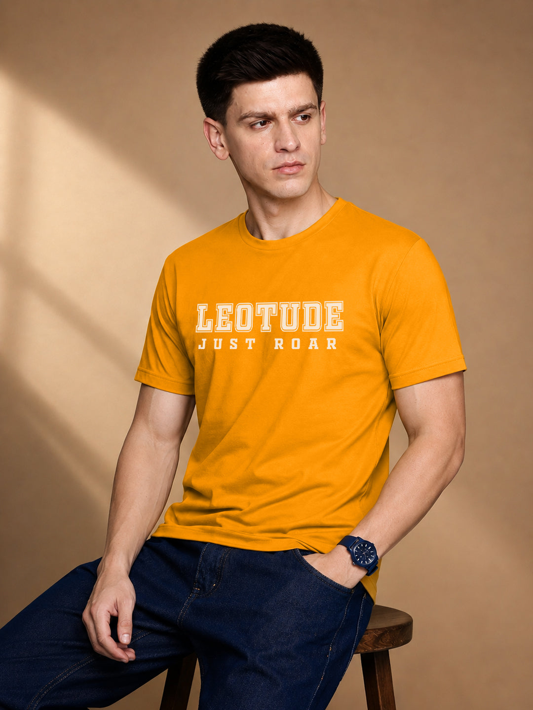 Leotude Men's Mustard Varsity Printed T-Shirt