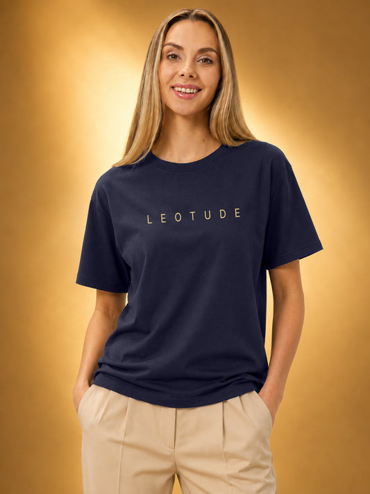 Leotude Women's Navy Gold Logo Printed T-Shirt