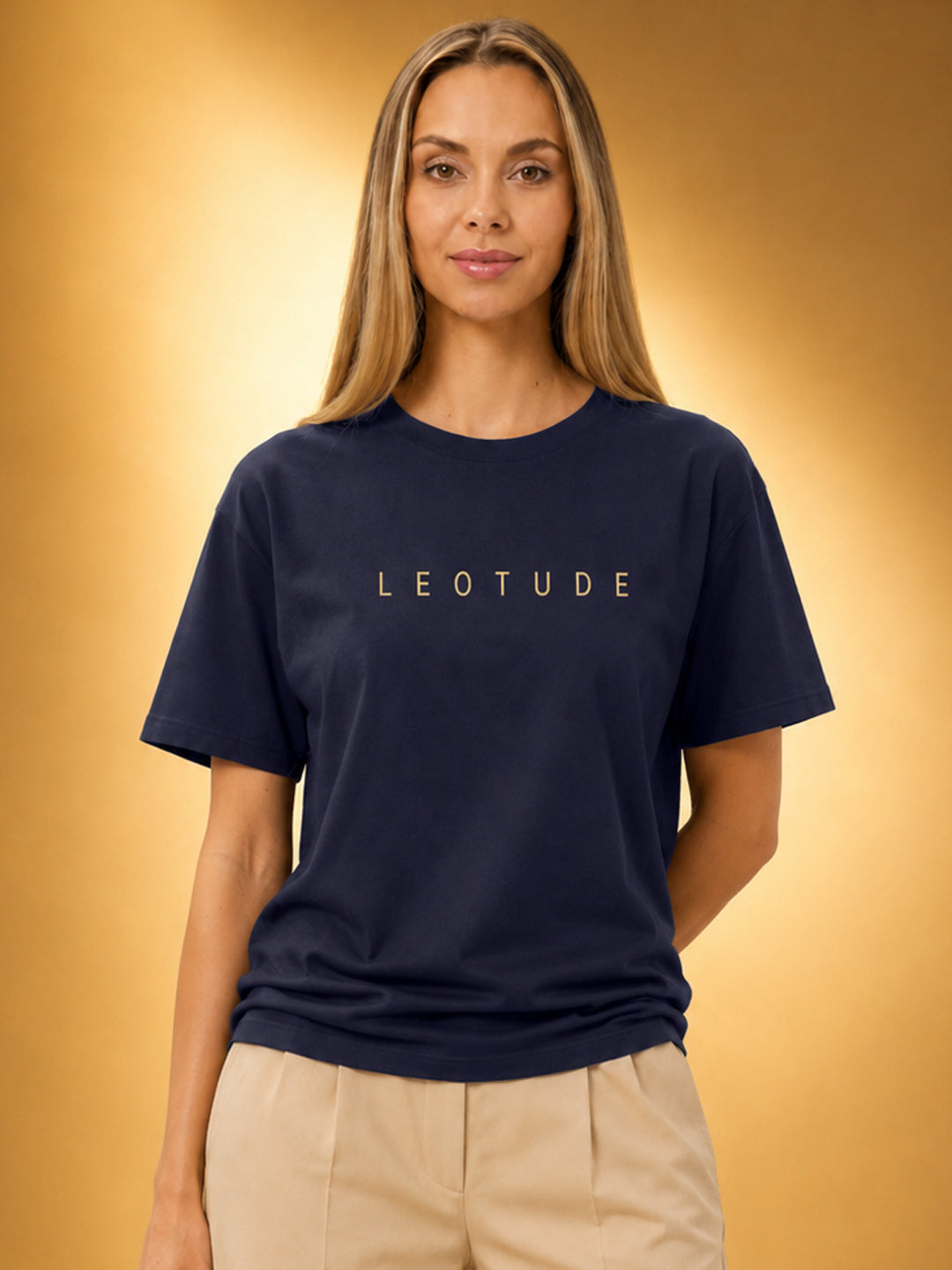 Leotude Women's Navy Gold Logo Printed T-Shirt