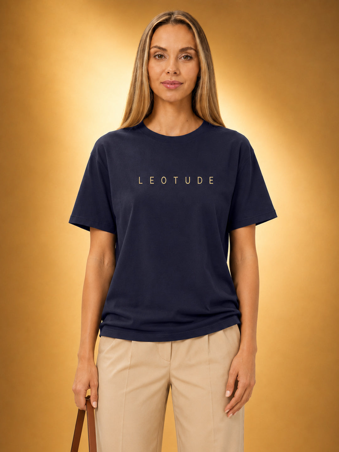 Leotude Women's Navy Gold Logo Printed T-Shirt