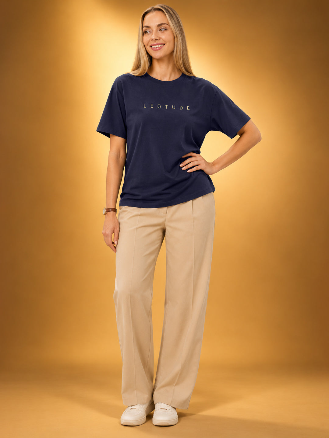 Leotude Women's Navy Gold Logo Printed T-Shirt