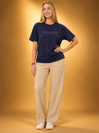 Leotude Women's Navy Gold Logo Printed T-Shirt