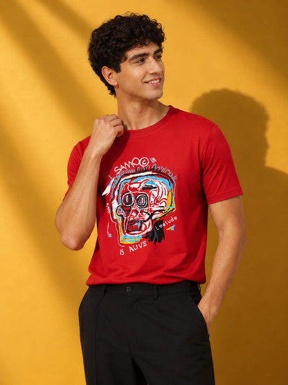 Leotude Men's Red Skull Art Printed T-Shirt