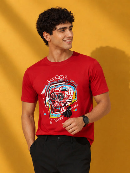 Leotude Men's Red Skull Art Printed T-Shirt