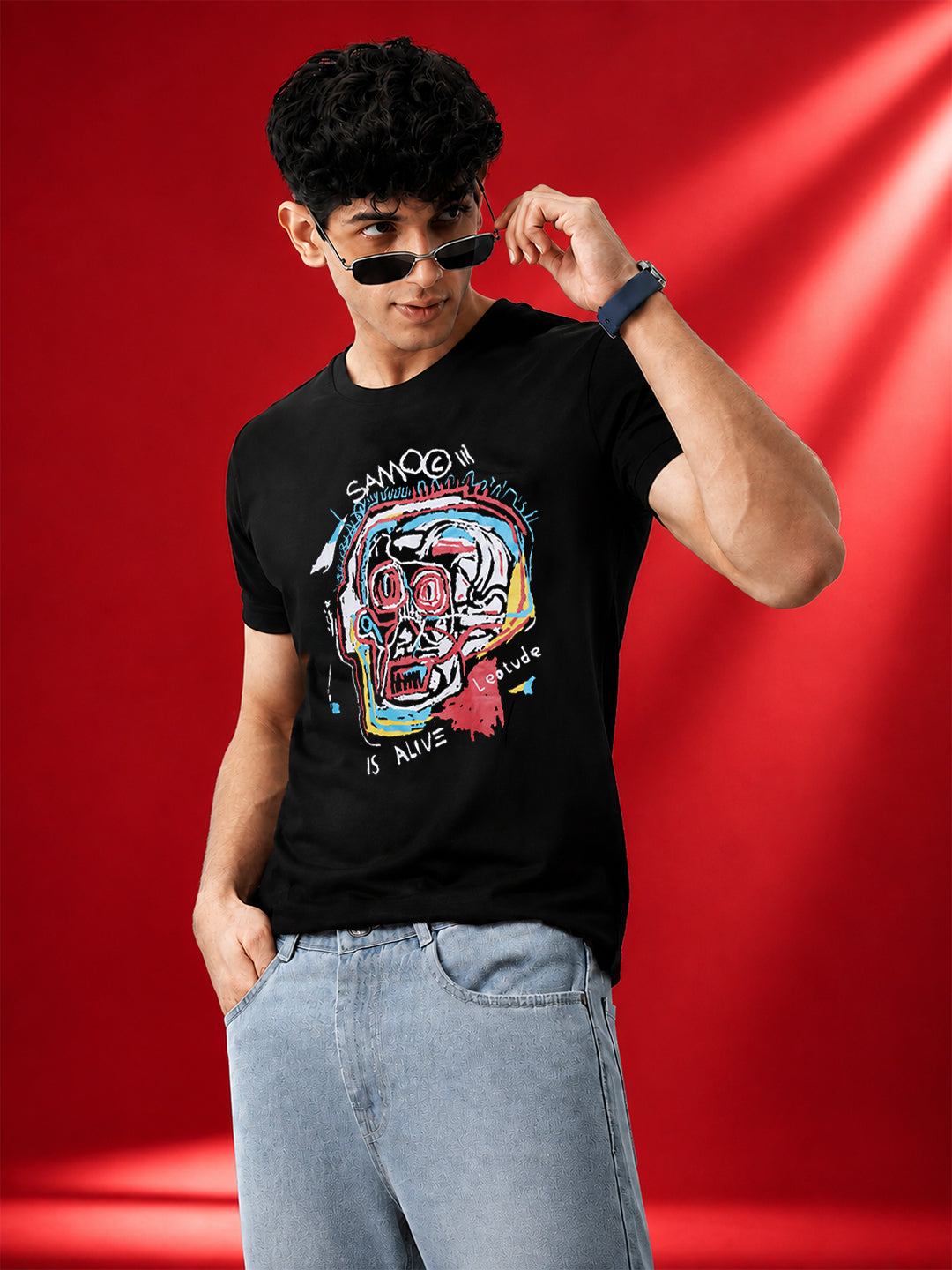 Leotude Men's Black Skull Art Printed T-Shirt