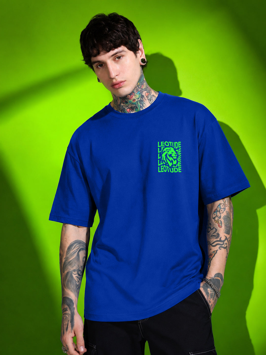 Leotude Men "Waves" Lion Printed Oversized T-Shirt — Royal Blue Streetwear Tee