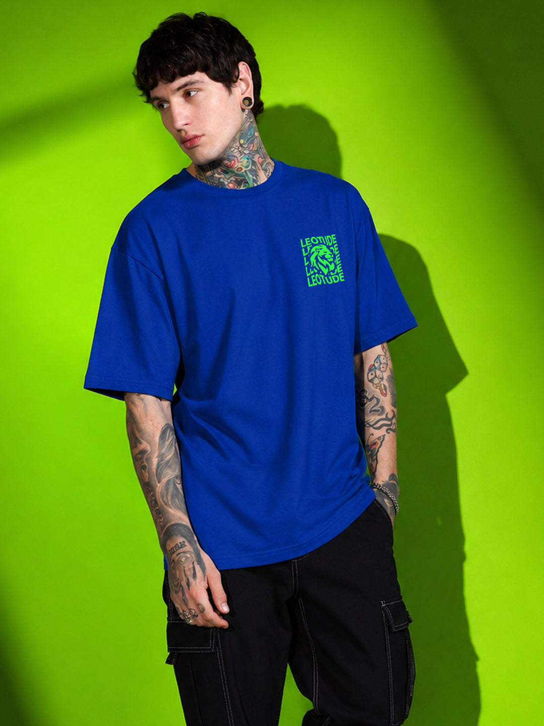Leotude Men "Waves" Lion Printed Oversized T-Shirt — Royal Blue Streetwear Tee