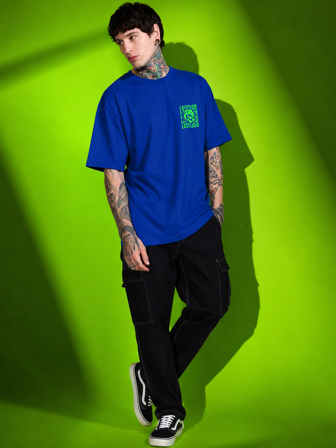 Leotude Men "Waves" Lion Printed Oversized T-Shirt — Royal Blue Streetwear Tee