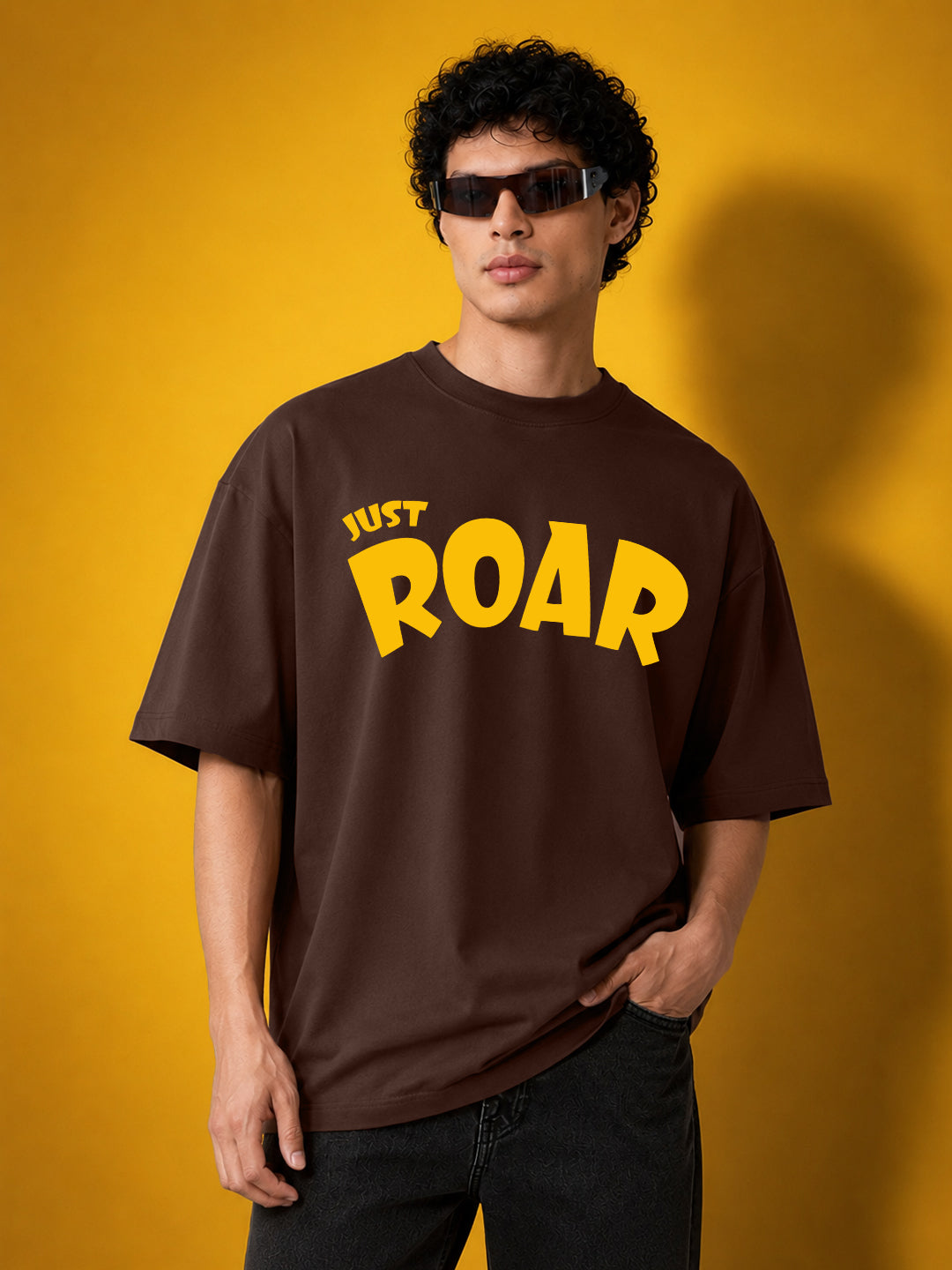 Leotude Men "Just Roar" Printed Oversized T-Shirt — Brown Streetwear Tee
