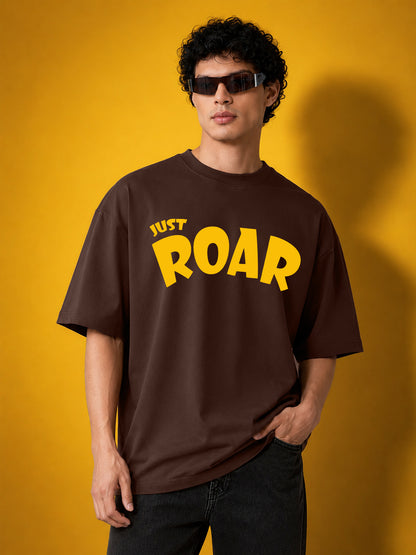 Leotude Men "Just Roar" Printed Oversized T-Shirt — Brown Streetwear Tee