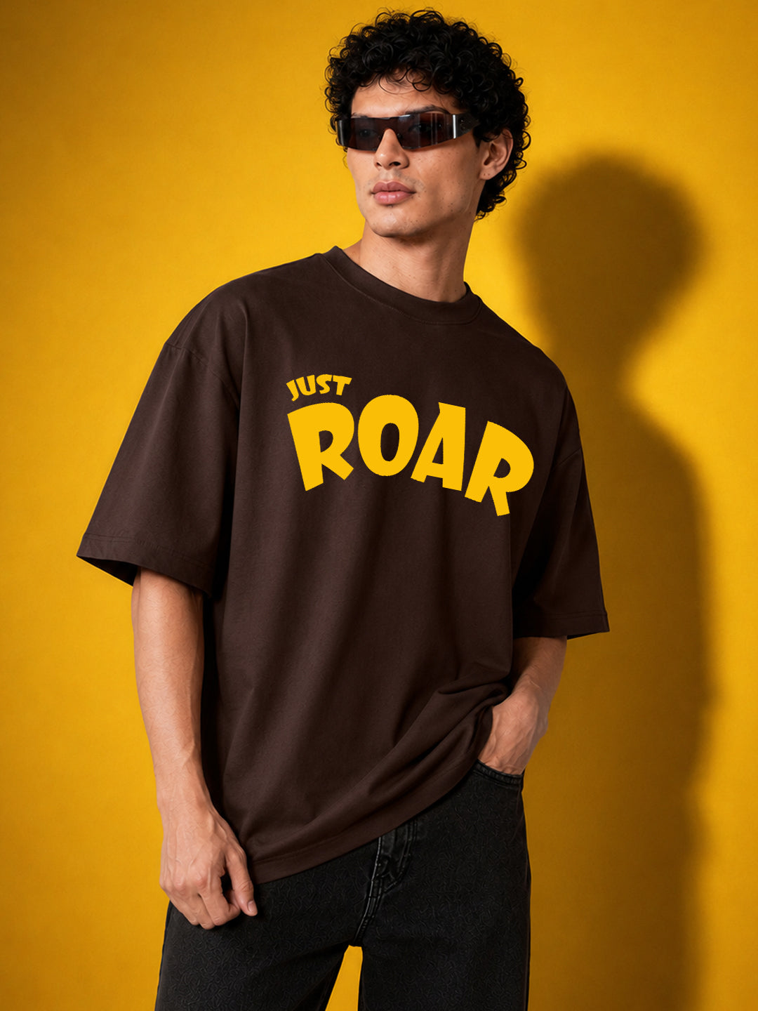 Leotude Men "Just Roar" Printed Oversized T-Shirt — Brown Streetwear Tee