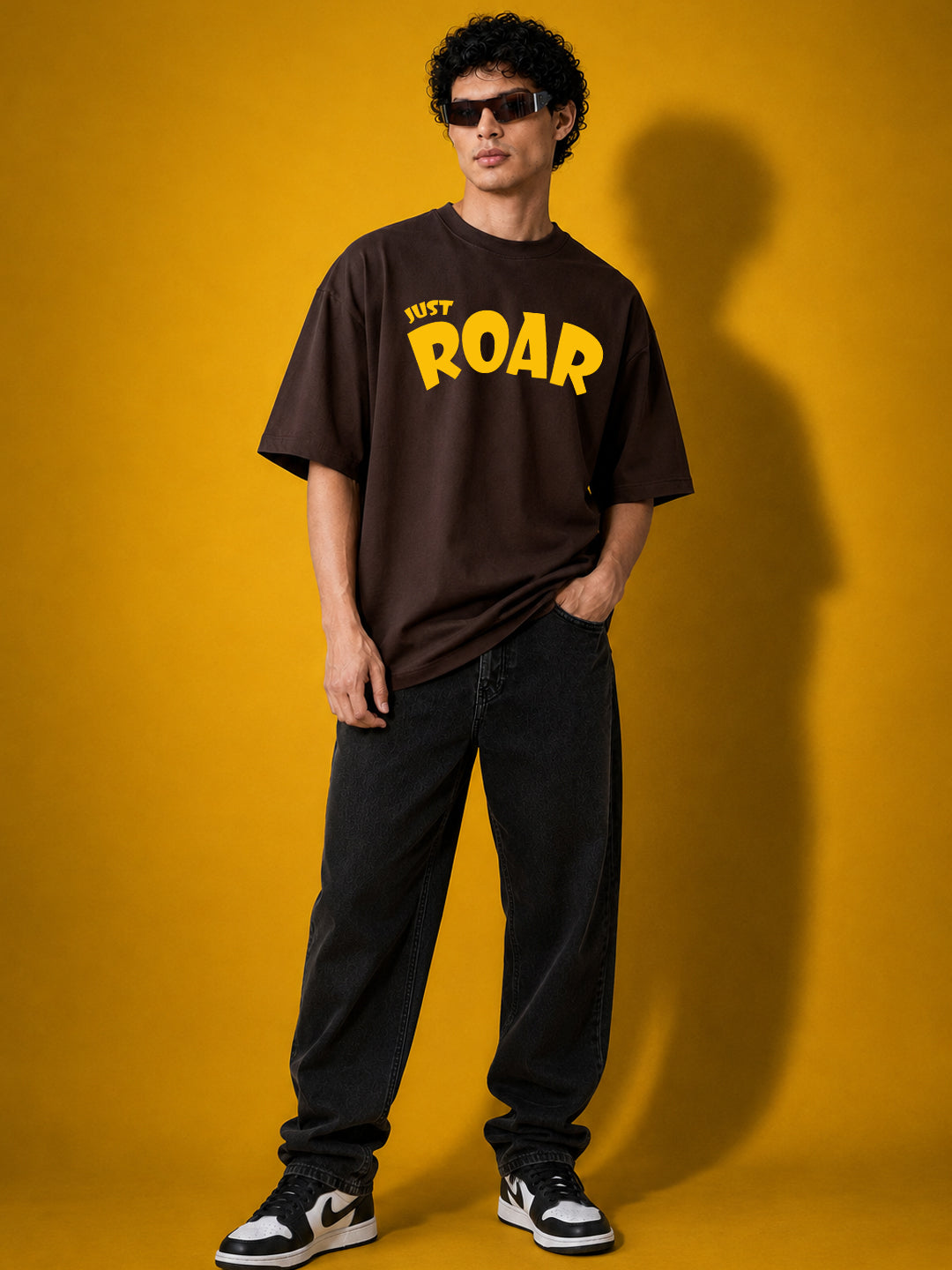 Leotude Men "Just Roar" Printed Oversized T-Shirt — Brown Streetwear Tee