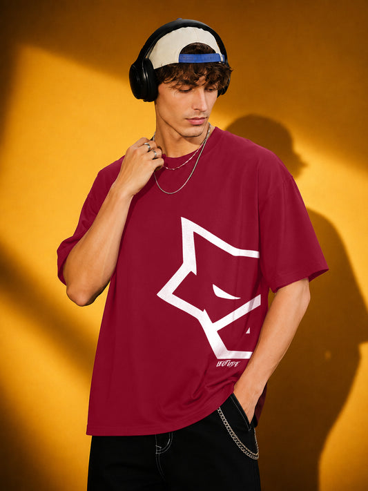 Leotude Men "Wolf" Printed Oversized T-Shirt — Maroon Streetwear Tee