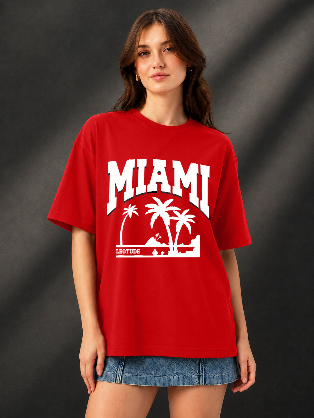 Leotude Red Miami Printed Oversized Tshirt for Women