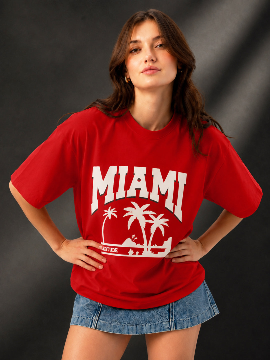 Leotude Red Miami Printed Oversized Tshirt for Women